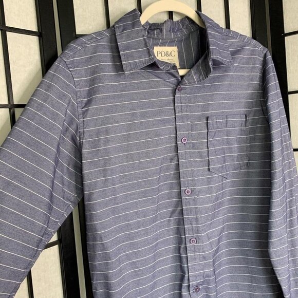 Paper Denim PD&C Striped Casual Button Down Collared Shirt White Blue Medium - Picture 3 of 7